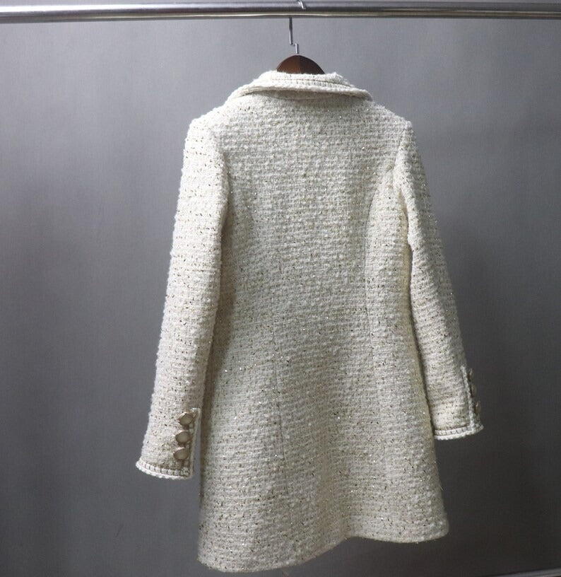 Women's CUSTOM MADE Chain Trim Golden Sparkle Tweed Coat Cream UK CUSTOMER SERVICE! Women's CUSTOM MADE Chain Trim Golden Sparkle Tweed Coat Cream- Long Coat have unique style. Can worn for winter season, party wear, night out ,it has front pocket with sequinned design ,white buttons and Long Sleeves. You can feel more comfort and warm. Fully Lined and sharply tailored. Made of comfortable and fantastic fabric, show off your charming curves.