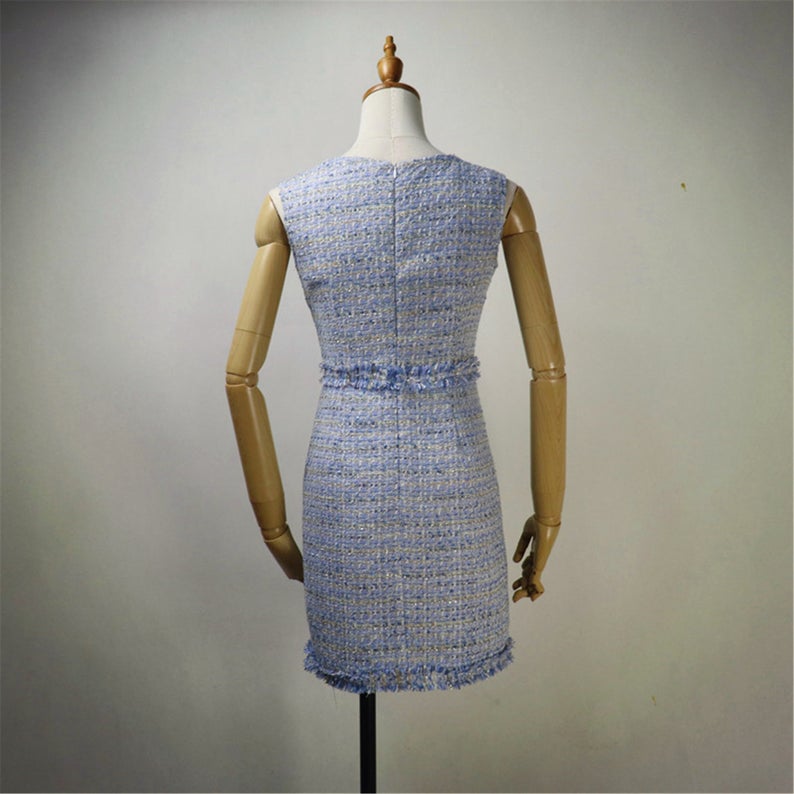 Women Custom Made Check Tweed Blue Color Dress/Shorts/Skirt Suit