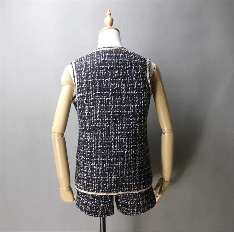 Women's gilet Asymmetric Trim Pockets Tweed Vest + Shorts - Fashion Pioneer