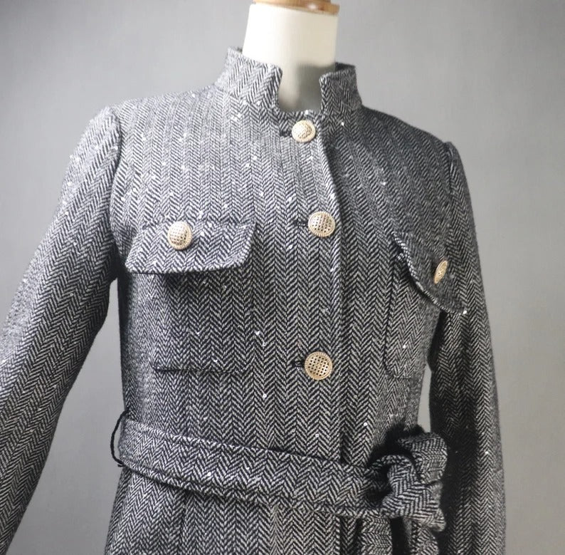 Women's Winter Tailor MADE Sequinned Tweed Belted Long Warm Trench Coat Grey UK CUSTOMER SERVICE! Women's Winter Tailor MADE Sequinned Tweed Belted Long Warm Trench Coat Grey- Grey warm coat can wear for Winter season and Autumn season. Feel comfort and elegant. Sequinned Style Long Sleeves Long belt Front pocket Pearl Button Collar type Neck