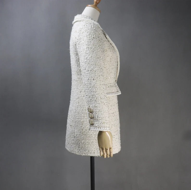 Women's CUSTOM MADE Chain Trim Golden Sparkle Tweed Coat Cream UK CUSTOMER SERVICE! Women's CUSTOM MADE Chain Trim Golden Sparkle Tweed Coat Cream- Long Coat have unique style. Can worn for winter season, party wear, night out ,it has front pocket with sequinned design ,white buttons and Long Sleeves. You can feel more comfort and warm. Fully Lined and sharply tailored. Made of comfortable and fantastic fabric, show off your charming curves.