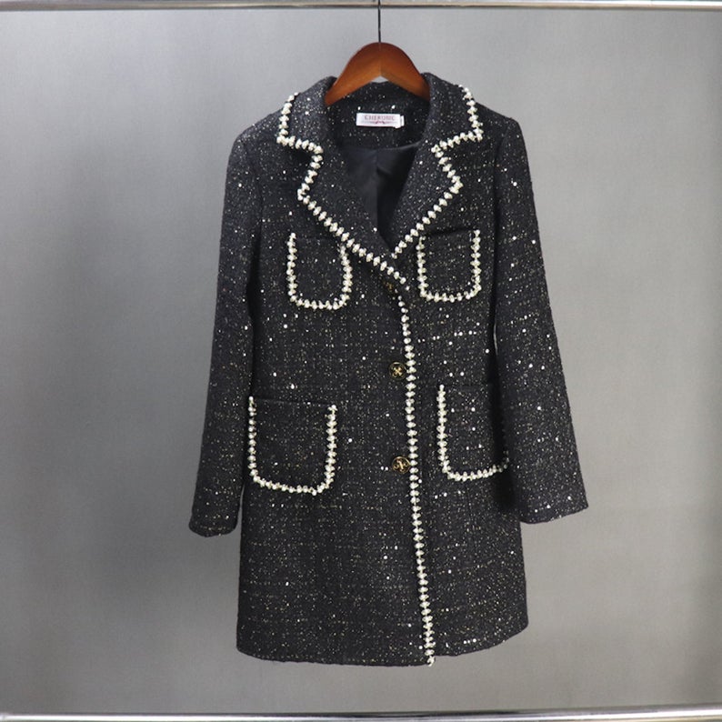 ailor Made Tweed Pearls Black Blazer Mid Length / Long Sequinned Coat for Women UK CUSTOMER SERVICE! Tailor Made Tweed Pearls Black Blazer Mid Length / Long Sequinned Coat for Women, can worn for ceremony, inauguration and official use. Its no machine washable, dry cleaning and feel more comfort to wear. All items are made to order. Please advise your height, weight and body measurements ( Bust, shoulder, Sleeves, Waist and Length etc). Our tailors will make the order for you! HandMade Materials: Tweed