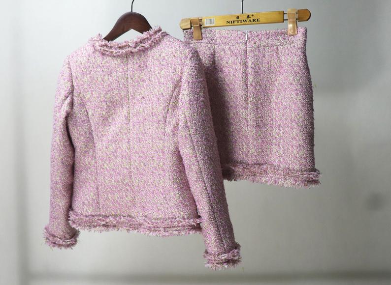 Big Pockets Custom Made Tassel Tweed Skirt Suit Pink