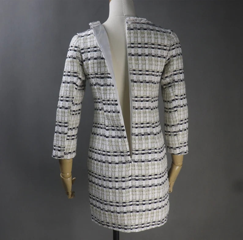 We make one for you with unique style, like no others. Can wear for business ,ceremony ,Events, and functions. You can get extra size, plus size, oversized, perfect measurement according to your shape from our tailors. This white tweed dress is perfect for any formal occasions such as wedding, graduation, interviews, business meetings, Daily office wear. Dry Cleaning. The midi length and round-neck gives this pencil fashionable dress a classic and timeless shape,