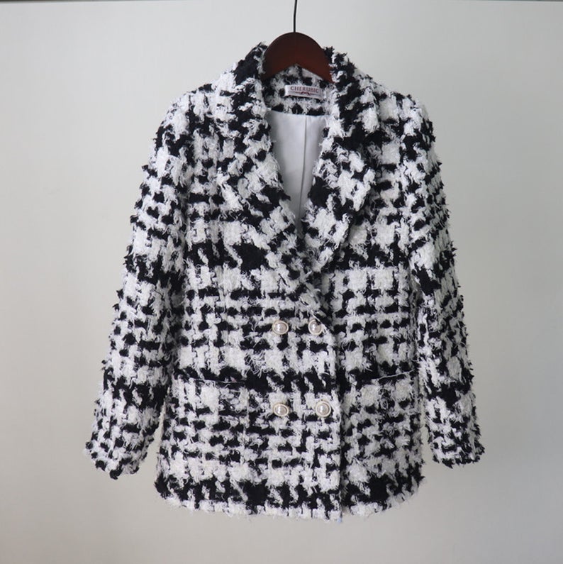 Black and White Checked Tweed Jacket Coat Blazer *Customized Size* UK CUSTOMER SERVICE! Black and White Checked Tweed Jacket Coat Blazer - Custom made blazer with front pocket and pearl buttons. This is suitable for all occasion.