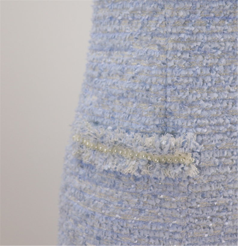 Tweed Sheath Dress Light Blue For Womens Custom Made UK CUSTOMER SERVICE! Tweed Sheath Dress Light Blue For Women's Custom Made - Round Neck with two pockets and Sleeveless. Fastening back zipper and Fringe detail. All items are made to order. Please advise your height, weight and body measurements ( Bust, shoulder, Sleeves, Waist and Length etc). Our tailors will make the order for you! Materials: Wool blend