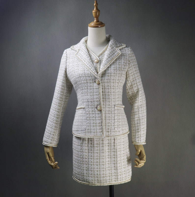 Fashion Pioneer Women's CUSTOM MADE Beige Tweed Jacket Coat Blazer + Crop Vest + Skirts 3 Pieces UK CUSTOMER SERVICE! CUSTOM MADE Blazer + Shorts/Skirts/Trousers Sequinned Jacket Coat for Women, Can worn for ceremony, Inauguration , Party, Night Out and Evening Friends with Dinner. No Machin washable. We offer Shorts, Skirts, Trousers for the suit.