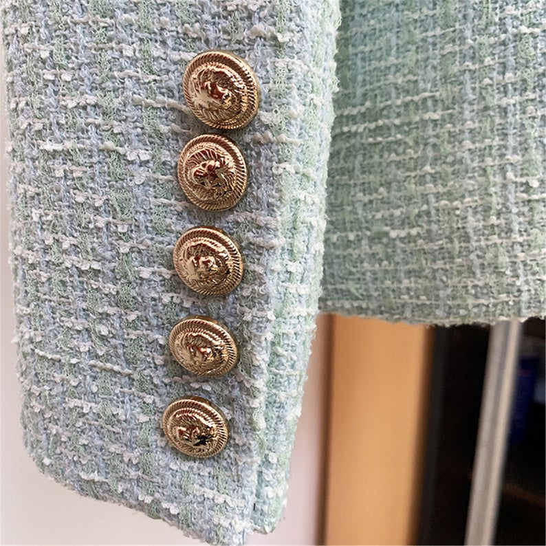 Women's Sequin Designer Inspired Metal Mint Green Tweed Blazer UK CUSTOMER SERVICE! Women's sequin Designer Inspired Metal Mint Green Tweed Blazer - Finished off with statement sequin design all over and pockets, this blazer is the ultimate festive power suit. Fully lined , long sleeves and buttons. A great proposition for an evening out. Sequin blazer. We want you to be happy with our products! For the best fit, please refer to the detailed table of our sizes,