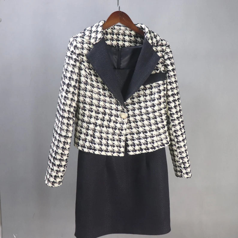 Tailor Made Women Suit Houndstooth Short Tweed Blazer Coat+ Dress