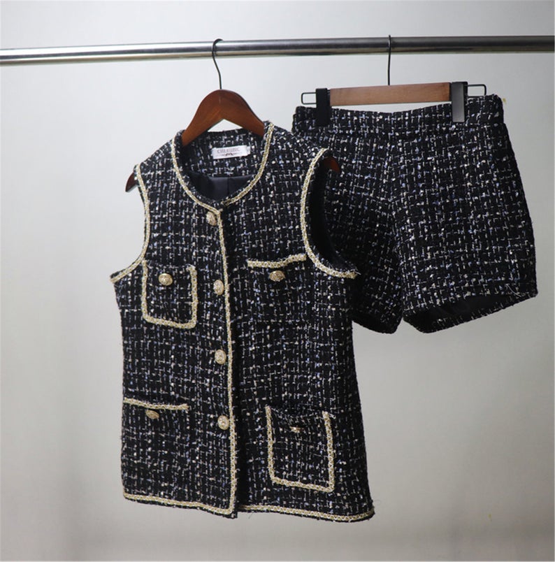 Custom Made Hand Made Asymmetric Trim Pockets Tweed Vest + Shorts