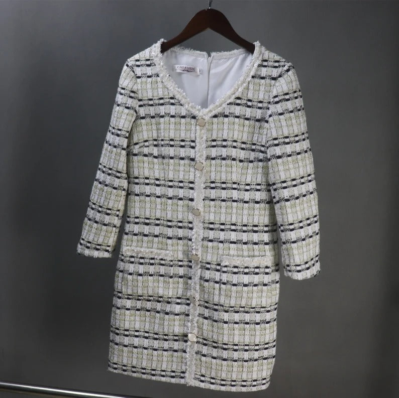 We make one for you with unique style, like no others. Can wear for business ,ceremony ,Events, and functions. You can get extra size, plus size, oversized, perfect measurement according to your shape from our tailors. This white tweed dress is perfect for any formal occasions such as wedding, graduation, interviews, business meetings, Daily office wear. Dry Cleaning. The midi length and round-neck gives this pencil fashionable dress a classic and timeless shape,