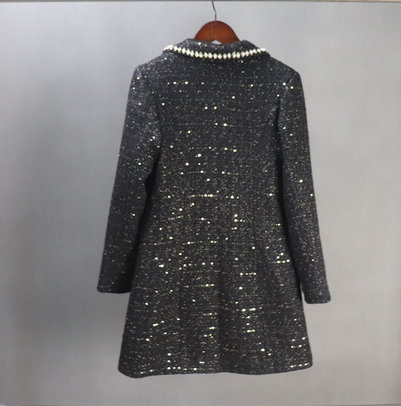 ailor Made Tweed Pearls Black Blazer Mid Length / Long Sequinned Coat for Women UK CUSTOMER SERVICE! Tailor Made Tweed Pearls Black Blazer Mid Length / Long Sequinned Coat for Women, can worn for ceremony, inauguration and official use. Its no machine washable, dry cleaning and feel more comfort to wear. All items are made to order. Please advise your height, weight and body measurements ( Bust, shoulder, Sleeves, Waist and Length etc). Our tailors will make the order for you! HandMade Materials: Tweed