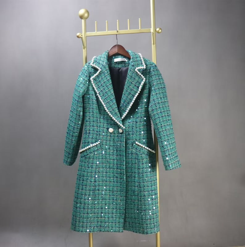 Women's Winter Tailored Sequinned Pearls Decoration Tweed Long Warm Coat - Fashion Pioneer