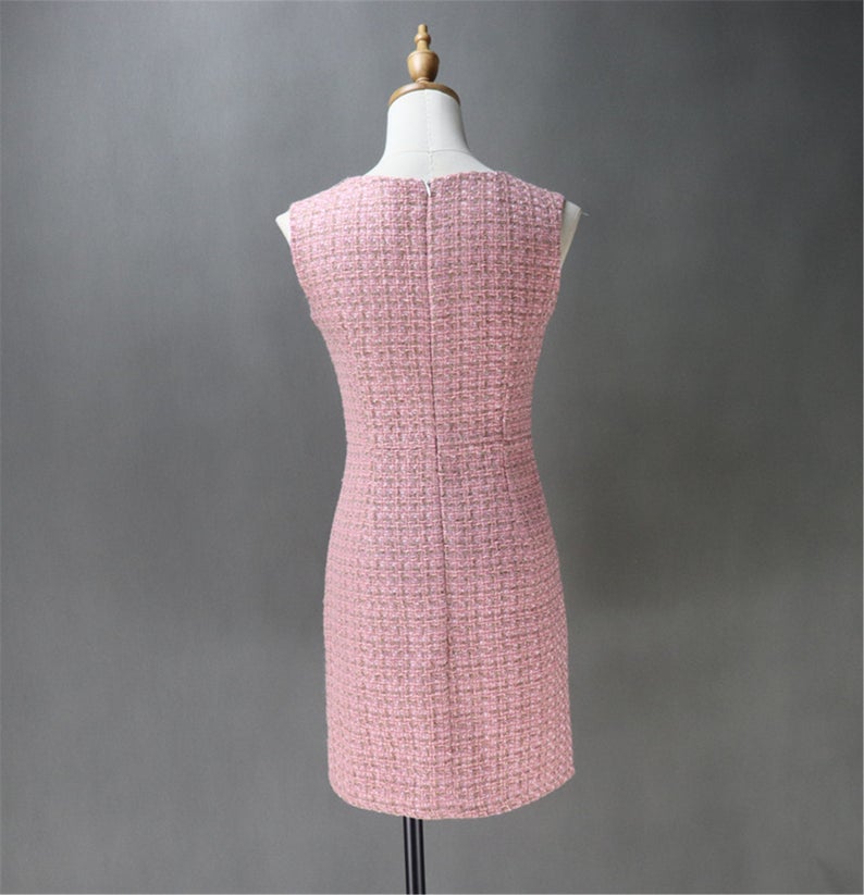 Pink Tweed Sheath Dress + Long Coat (20% discount) - This is tweed fabric, seasonal fabric, can wear all time. Back zip with long pink coat. Look gorgeous and feel comfort to wear. Can wear official use, Business use ,ceremony and inauguration. As per customer requirement, our tailor will made change in pink tweed fabric and coat.