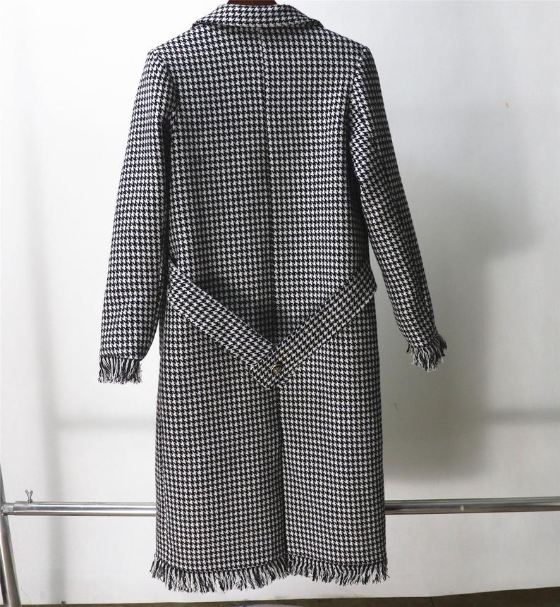 Womens Long Coat CUSTOM MADE Houndstooth Black Checked Wool Blend Tweed UK CUSTOMER SERVICE! Womens Long Coat CUSTOM MADE Houndstooth Black Checked Wool Blend Tweed-All items are made to order. Please advise your height, weight and body measurements ( Bust, shoulder, Sleeves, Waist and Length etc). Our tailors will make the order for you! Materials: Wool blend (20% Wool)