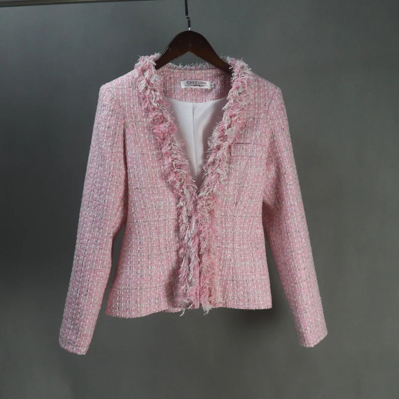 Women Custom Made Tweed Pink Colour Tassel Fringe Dress (more than 10% discount) - We are happy to make as per customer size like Oversized, Plus Size, Extra Size, Perfect body measure ,Small size ,Large size. Our tailor will make perfect Tweed fabric for you. This is all season dress, can wear for outside, weddings , ceremony, Events and functions.