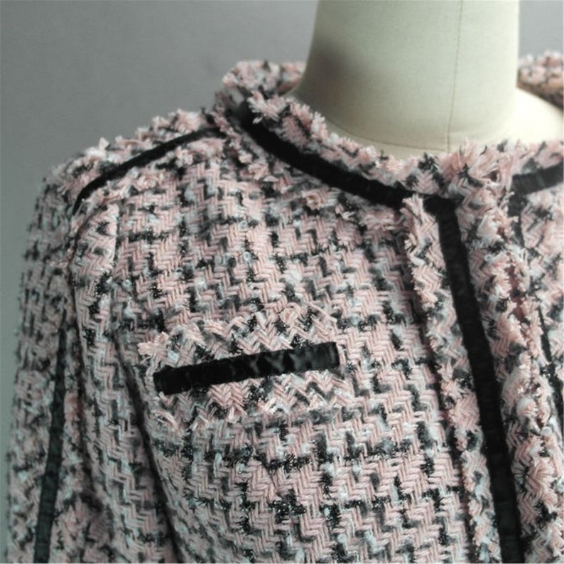 Women's Designer Inspired CUSTOM MADE Hand Made Checked Tweed Jacket Coat Blazer + Shorts Pink