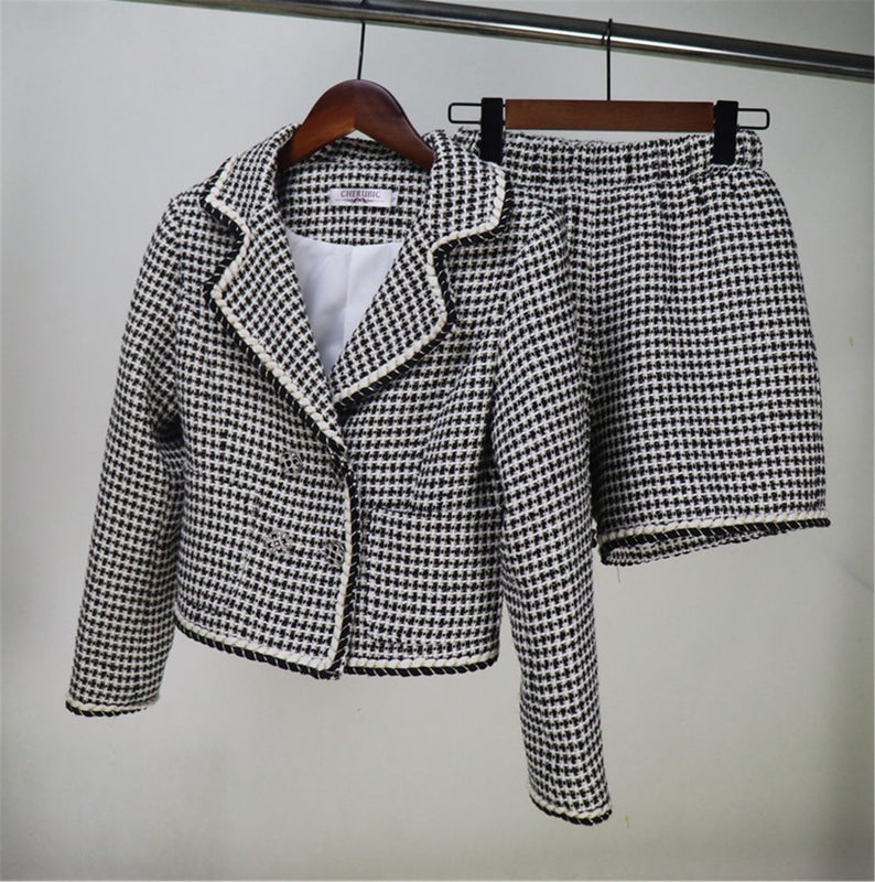 Womens Designer Inspired Custom Made Checked Pattern Tweed Crop Blazer + Shorts/Skirt Suit - Fashion Pioneer