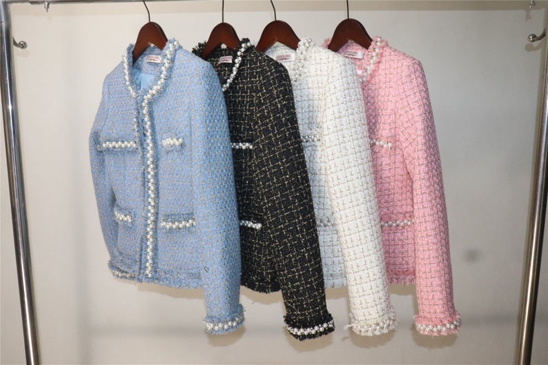 Tweed Pearls Sparkle Thread Blazer + Skirt Suit UK CUSTOMER SERVICE! Tweed Pearls Sparkle Thread Blazer + Skirt Suit - Fashion elements combine classic design. Great for teens or some young ladies dressing the classic, retro, casual and stylish look. Dress designed with pearl buttons , round neck and little tassel. This can be worn all suitable occasion. We have multi-coloured suits white top and black bottom, blue ,pink, black.