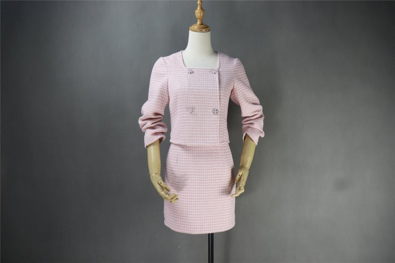 Custom Made Tweed Squire Neck Small Check Blazer + Skirt Suit
