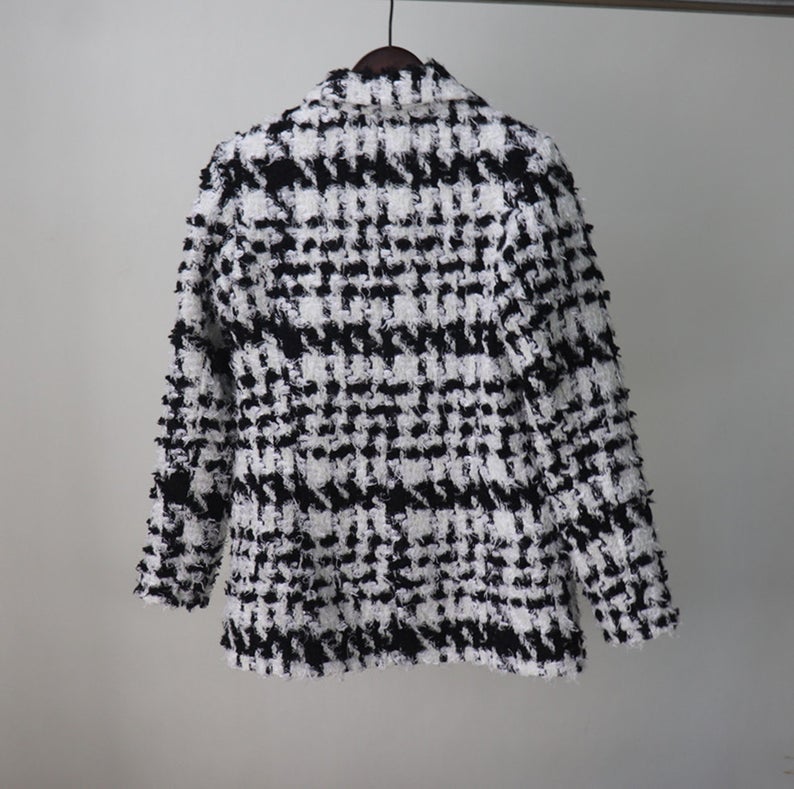 Black and White Checked Tweed Jacket Coat Blazer *Customized Size* UK CUSTOMER SERVICE! Black and White Checked Tweed Jacket Coat Blazer - Custom made blazer with front pocket and pearl buttons. This is suitable for all occasion.