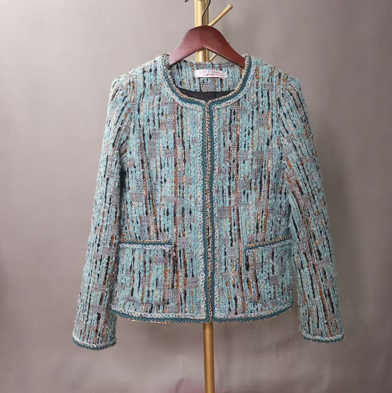 Blue Multi-Color Tweed Jacket Coat Blazer For Womens UK CUSTOMER SERVICE! Coat And Sheath dress sold separately. Blue Multi-Color Tweed Jacket Coat Blazer - We offer Shorts, Skirts, Trousers for the suit. The coat is suits to any dress like sheath dress. Our tailor will make as per customer requirement like with pocket, sleeveless, without pocket etc.