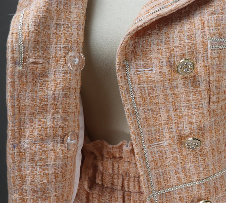 Hand Made Light Orange Custom Made Tweed Shorts/Skirt Suit