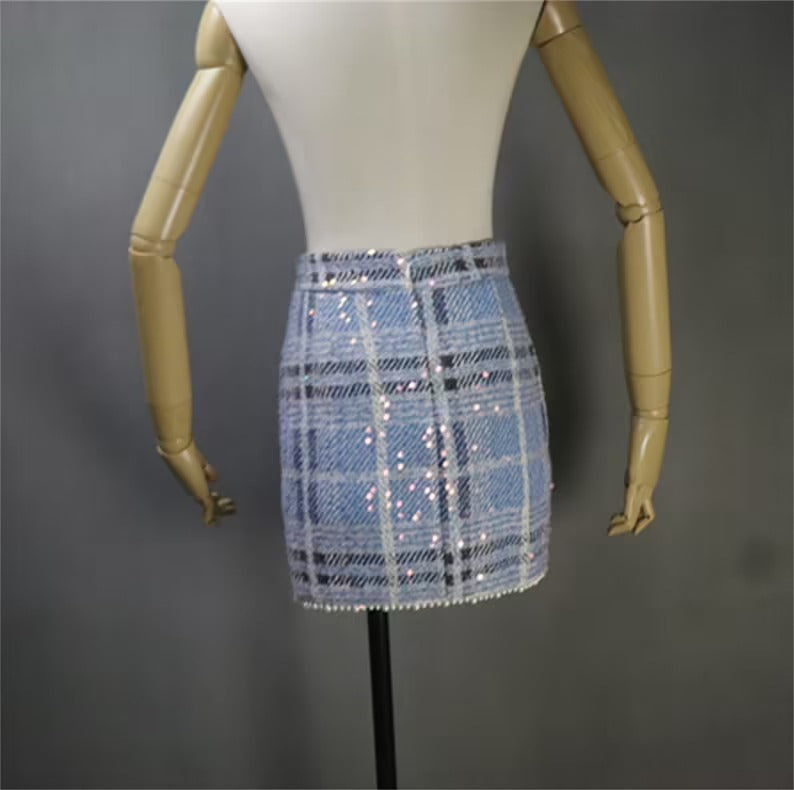 Women's Sequined Blue Check Tweed Suits And Coat UK CUSTOMER SERVICE! Women's Sequined Blue Check Tweed Suits And Coat - Sequined Suits and Coat have unique style. We offer Shorts, Skirts, Trousers for the suit. Our tailor will make as per customer requirement like with pocket, sleeveless, without pocket etc. All items are made to order with very experienced tailors. Please advise your height, weight and body measurements