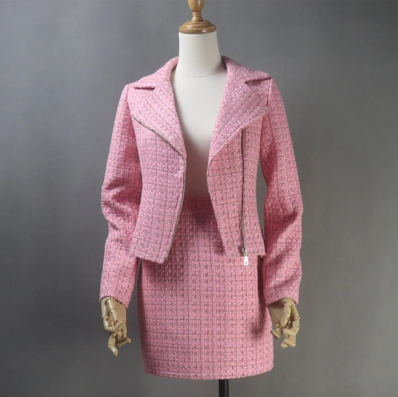 Women's Custom Made Biker Style Tweed Jacket - Bespoke Tailor Made Tweed Pearls Sparkle Blazer + Skirt for Women - Made from the finest quality tweed, this custom tweed jacket boasts a classic cut, generous detailing, and impeccable attention to detail, making it a must-have in every wardrobe. Pearl designed, front pocket ,long sleeves, also our tailor is ready to make perfect design as per customer requirement. Suit is fully lined.