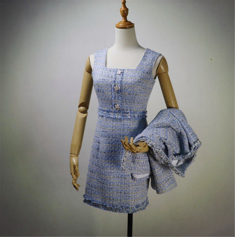 Women Custom Made Check Tweed Blue Color Dress/Shorts/Skirt Suit