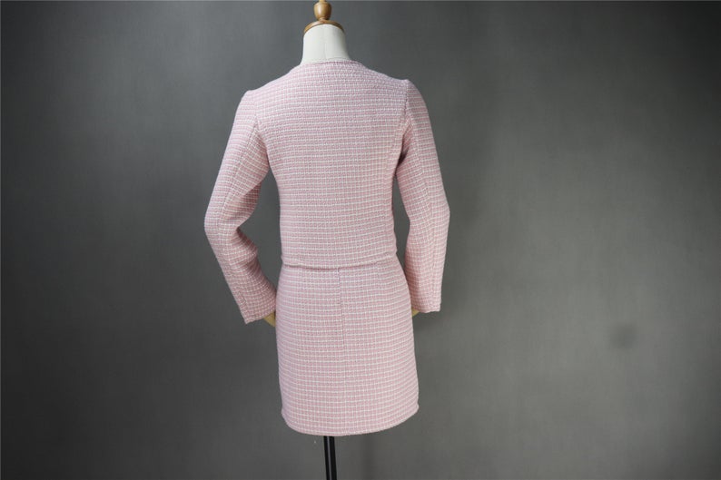 Custom Made Tweed Squire Neck Small Check Blazer + Skirt Suit