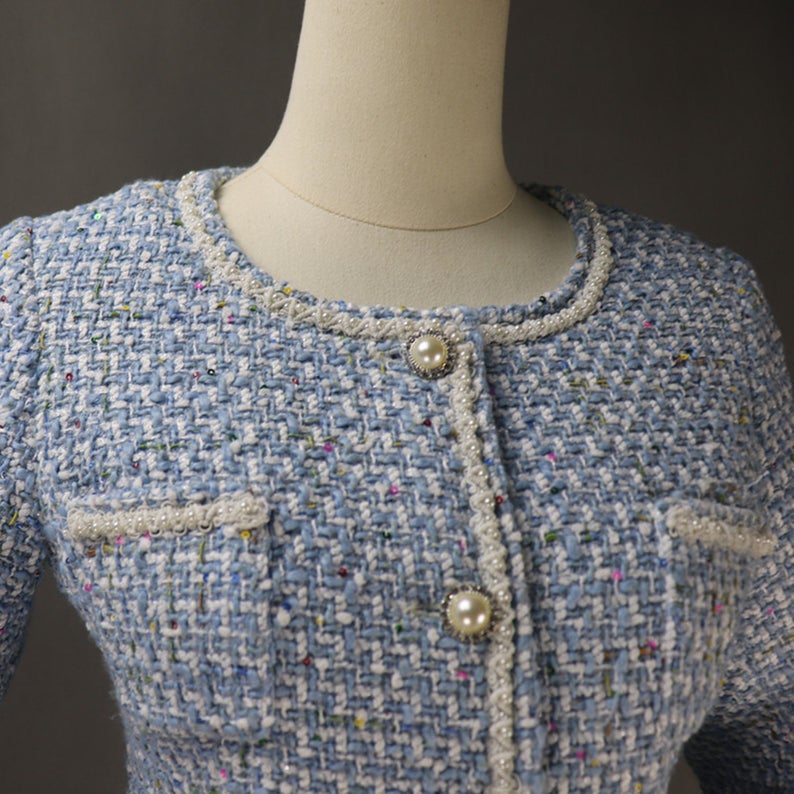 Women's Designer Inspired Pearl Button Sequined Custom Made Tweed Shorts/Skirt Suit
