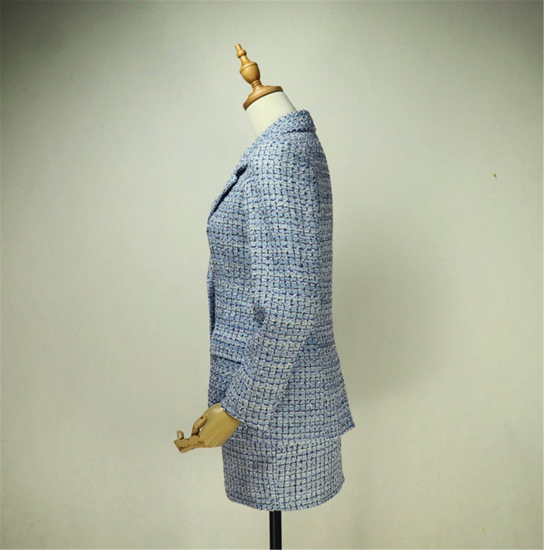 Women's Designer Inspired Custom Made Check Pattern Blue Tweed Blazer + Skirt/Shorts Suit - Fashion Pioneer
