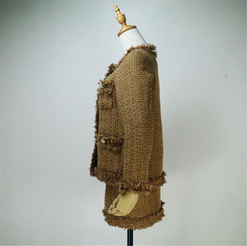 Tailor or Custom Made Hand Made Loose Fit Brown Tweed Blazer + Skirt Suit 6 Colours for Women UK CUSTOMER SERVICE! All items are made to order. Please advise your height, weight and body measurements ( Bust, shoulder, Sleeves, Waist and Length etc). Our tailors will make the exact measurement for you!.Light weight and comfort to wear party, outside, official use and ceremony. Materials: Wool blend