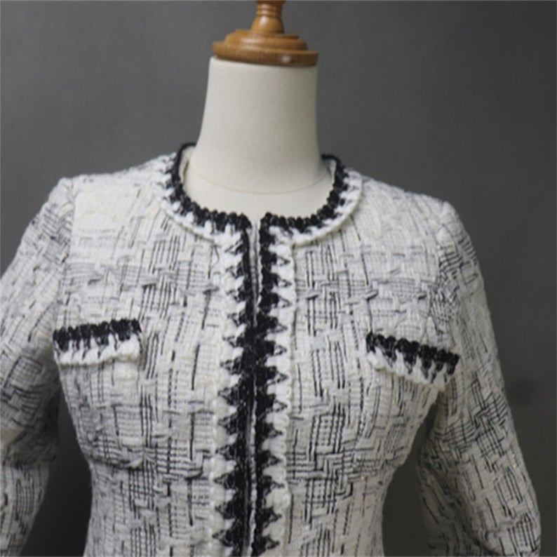 Unique Style Black and White Tweed Coat Blazer For Women - Fashion Pioneer
