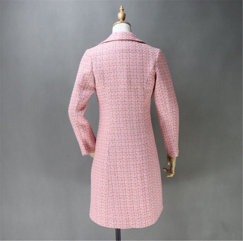 Pink Tweed Sheath Dress + Long Coat (20% discount) - This is tweed fabric, seasonal fabric, can wear all time. Back zip with long pink coat. Look gorgeous and feel comfort to wear. Can wear official use, Business use ,ceremony and inauguration. As per customer requirement, our tailor will made change in pink tweed fabric and coat.