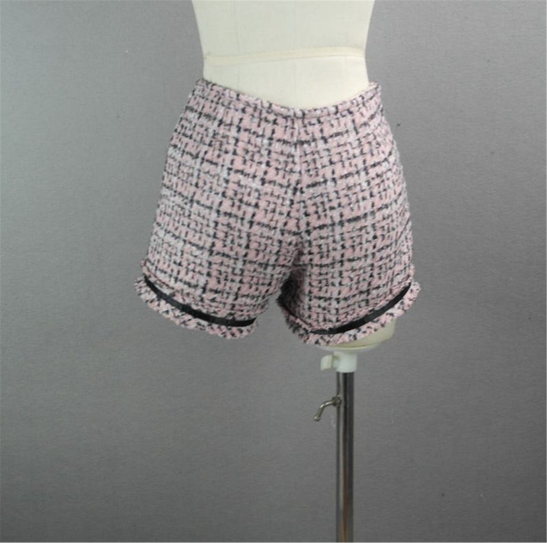 Women's Designer Inspired CUSTOM MADE Hand Made Checked Tweed Jacket Coat Blazer + Shorts Pink