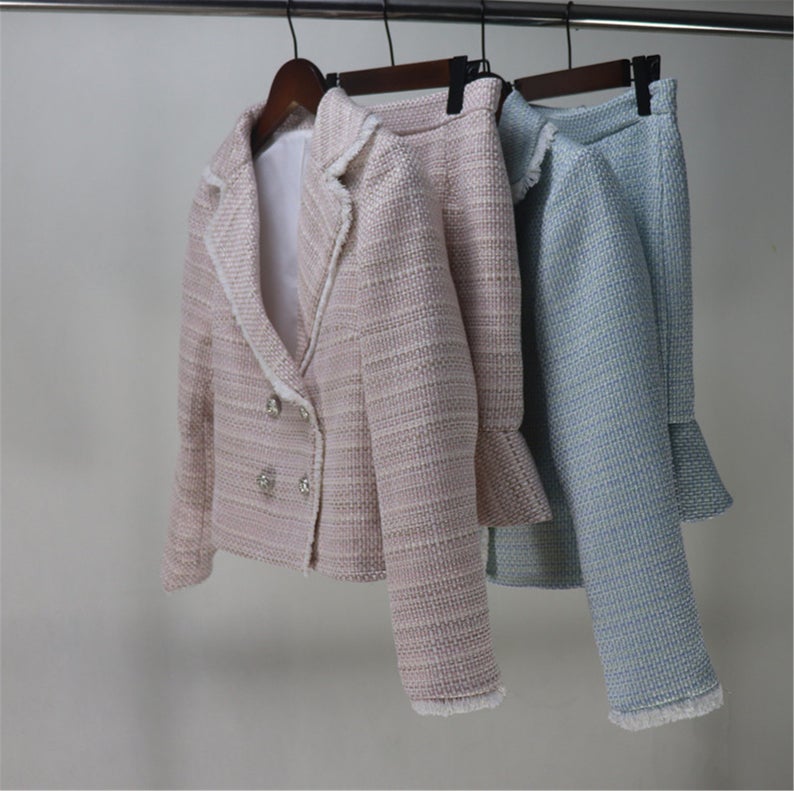 Womens Designer Inspired Custom Made Tweed Short Blazer + Fishtail Mermaid Skirt Suit