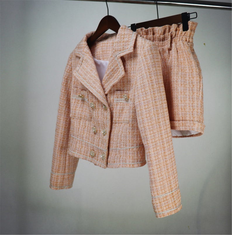 Hand Made Light Orange Custom Made Tweed Shorts/Skirt Suit