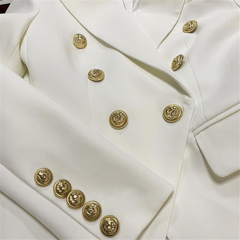 Women's White Fitted Blazer Golden Lion Buttons Coat 2 Colours UK CUSTOMER SERVICE! Women's White Fitted Blazer Golden Lion Buttons Coat 2 Colours -This ladies blazer has a beautiful double breasted silhouette. The White Blazer fitted jacket has a golden button frontage with single button closure. 96% Polyester .Fastening: Button. Slim Fit. Long Sleeve.