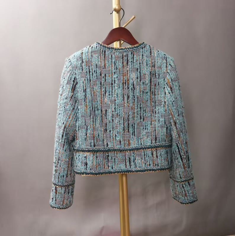 Blue Multi-Color Tweed Jacket Coat Blazer For Womens UK CUSTOMER SERVICE! Coat And Sheath dress sold separately. Blue Multi-Color Tweed Jacket Coat Blazer - We offer Shorts, Skirts, Trousers for the suit. The coat is suits to any dress like sheath dress. Our tailor will make as per customer requirement like with pocket, sleeveless, without pocket etc.