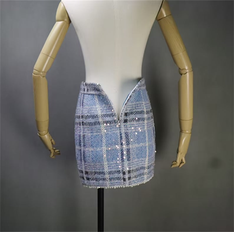 Women's Sequined Blue Check Tweed Suits And Coat UK CUSTOMER SERVICE! Women's Sequined Blue Check Tweed Suits And Coat - Sequined Suits and Coat have unique style. We offer Shorts, Skirts, Trousers for the suit. Our tailor will make as per customer requirement like with pocket, sleeveless, without pocket etc. All items are made to order with very experienced tailors. Please advise your height, weight and body measurements