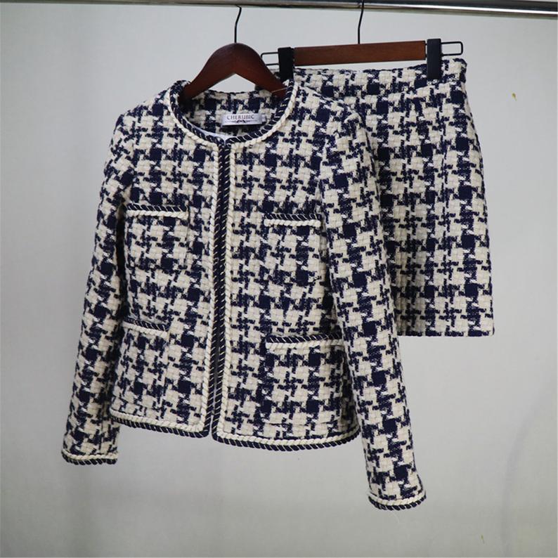 Custom Made Hounds tooth Pattern Tweed Skirt Suit
