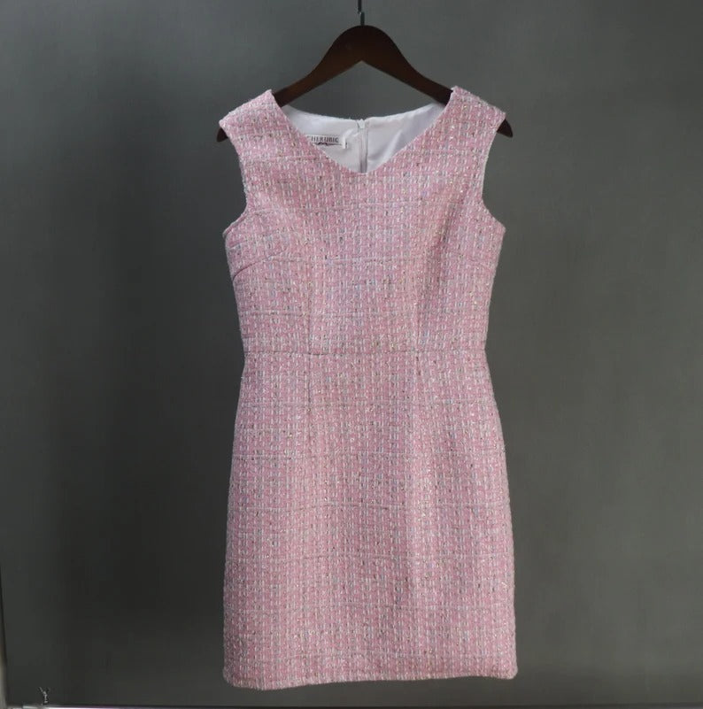 Women Custom Made Tweed Pink Colour Tassel Fringe Dress (more than 10% discount) - We are happy to make as per customer size like Oversized, Plus Size, Extra Size, Perfect body measure ,Small size ,Large size. Our tailor will make perfect Tweed fabric for you. This is all season dress, can wear for outside, weddings , ceremony, Events and functions.