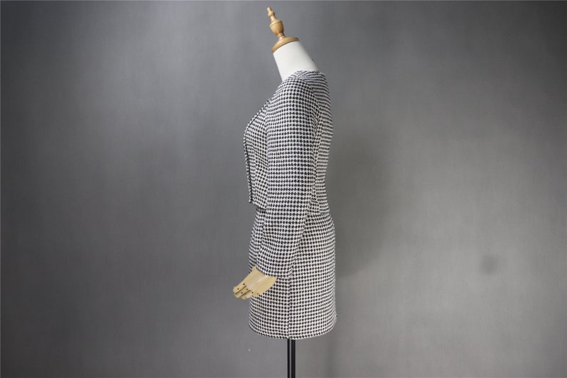 Custom Made Tweed Squire Neck Small Check Blazer + Skirt Suit