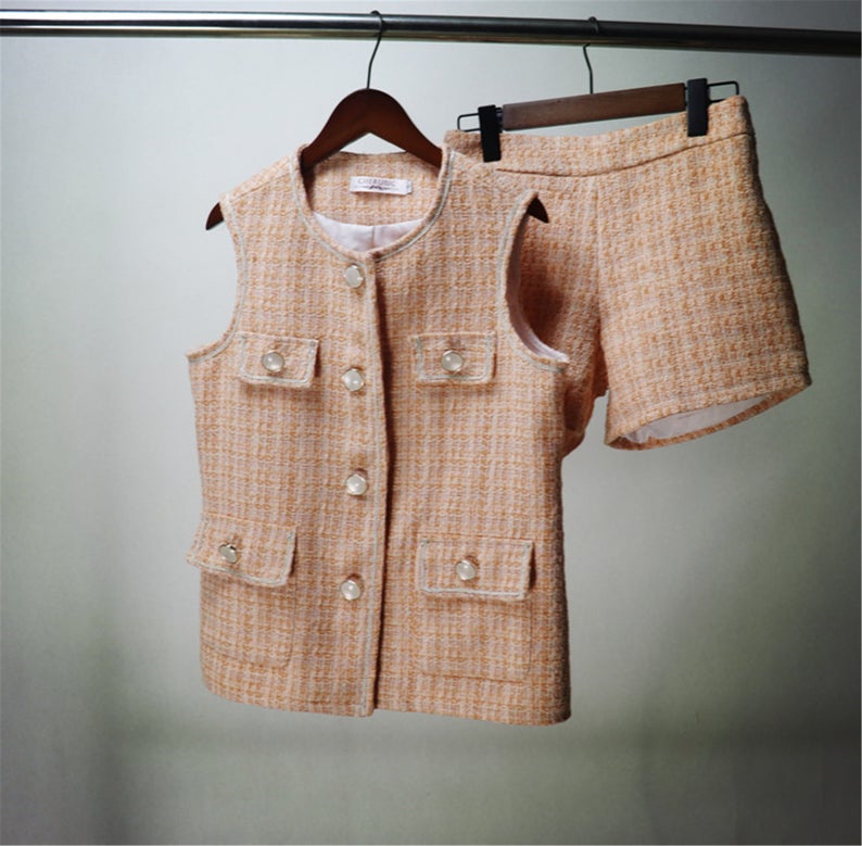 Custom Made Hand Made Loose Fit Tweed Vest + Shorts