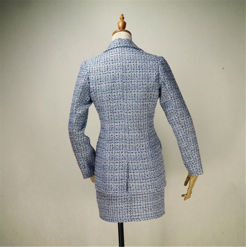 Women's Designer Inspired Custom Made Check Pattern Blue Tweed Blazer + Skirt/Shorts Suit - Fashion Pioneer