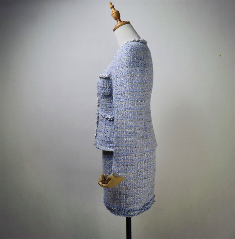 Women Custom Made Check Tweed Blue Color Dress/Shorts/Skirt Suit
