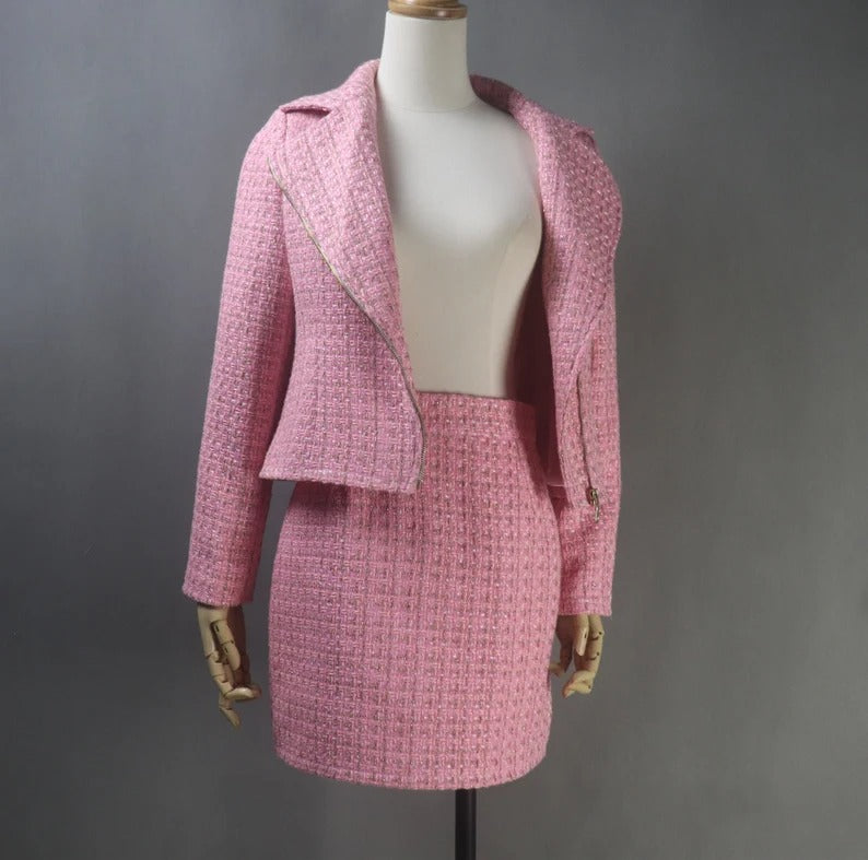 Women's Custom Made Biker Style Tweed Jacket - Bespoke Tailor Made Tweed Pearls Sparkle Blazer + Skirt for Women - Made from the finest quality tweed, this custom tweed jacket boasts a classic cut, generous detailing, and impeccable attention to detail, making it a must-have in every wardrobe. Pearl designed, front pocket ,long sleeves, also our tailor is ready to make perfect design as per customer requirement. Suit is fully lined.