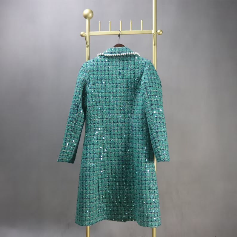 Women's Winter Tailored Sequinned Pearls Decoration Tweed Long Warm Coat - Fashion Pioneer